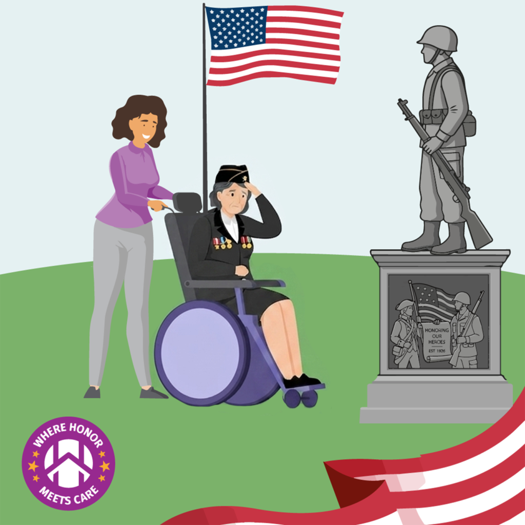 Veteran in a wheelchair with her caregiver honoring military service at a memorial, reflecting Help at Home's commitment to serving those who have served.